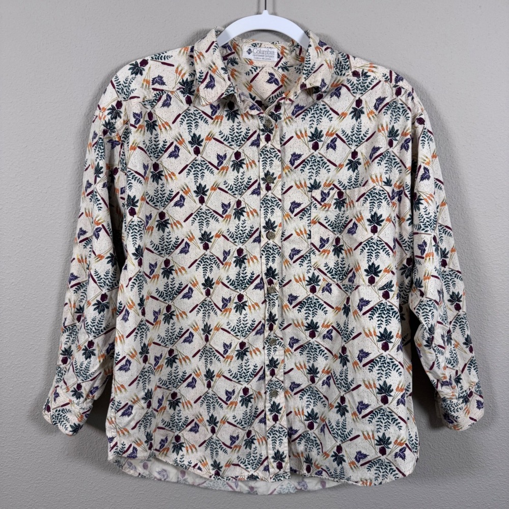 Vintage Columbia Botanical Nature Print Button Down Shirt Granola Girl Womens L